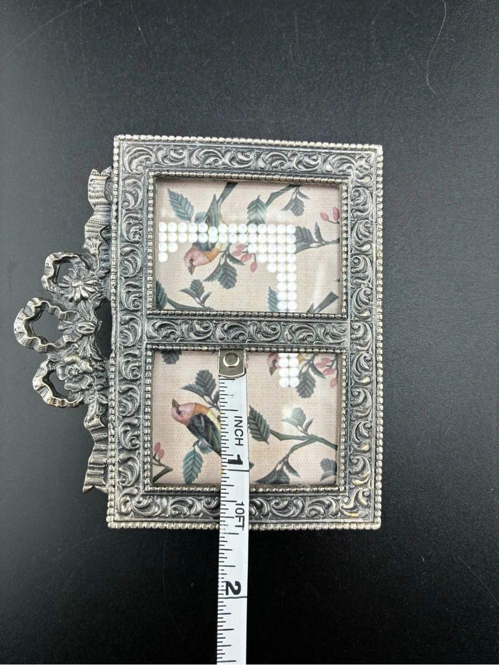 Ornate pewter Double‎ Photo Frame with floral bow on top